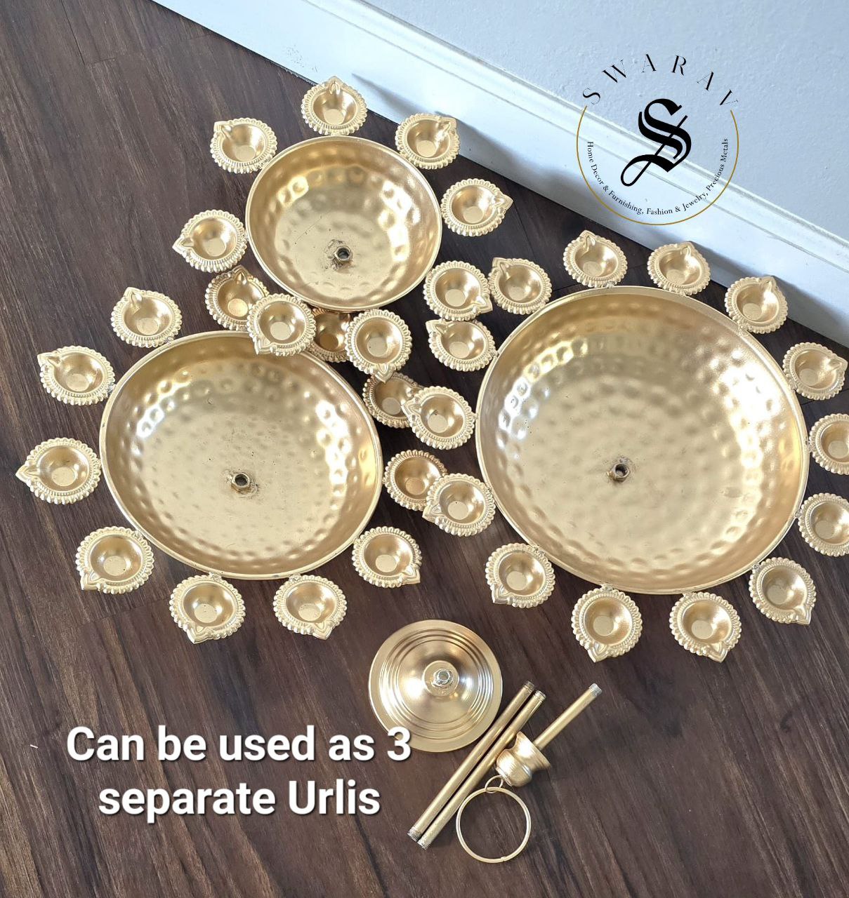 3 Tier Metal hand hammered Diya Urli in gold finish. 30 inch height.