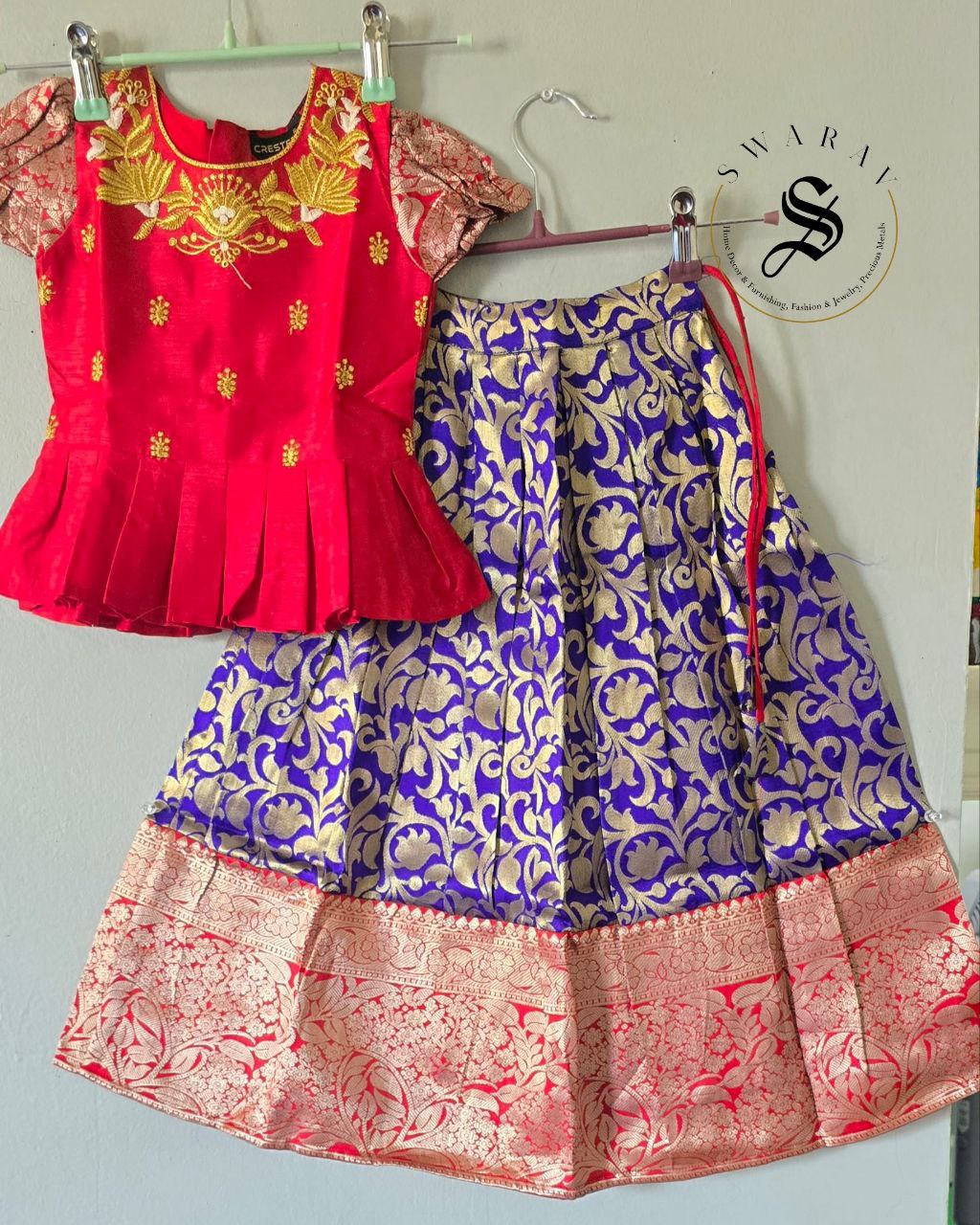 Zari woven cotton blend Pavadai set ( Ghaghra Blouse )for Baby Girl in Purple and red combination.