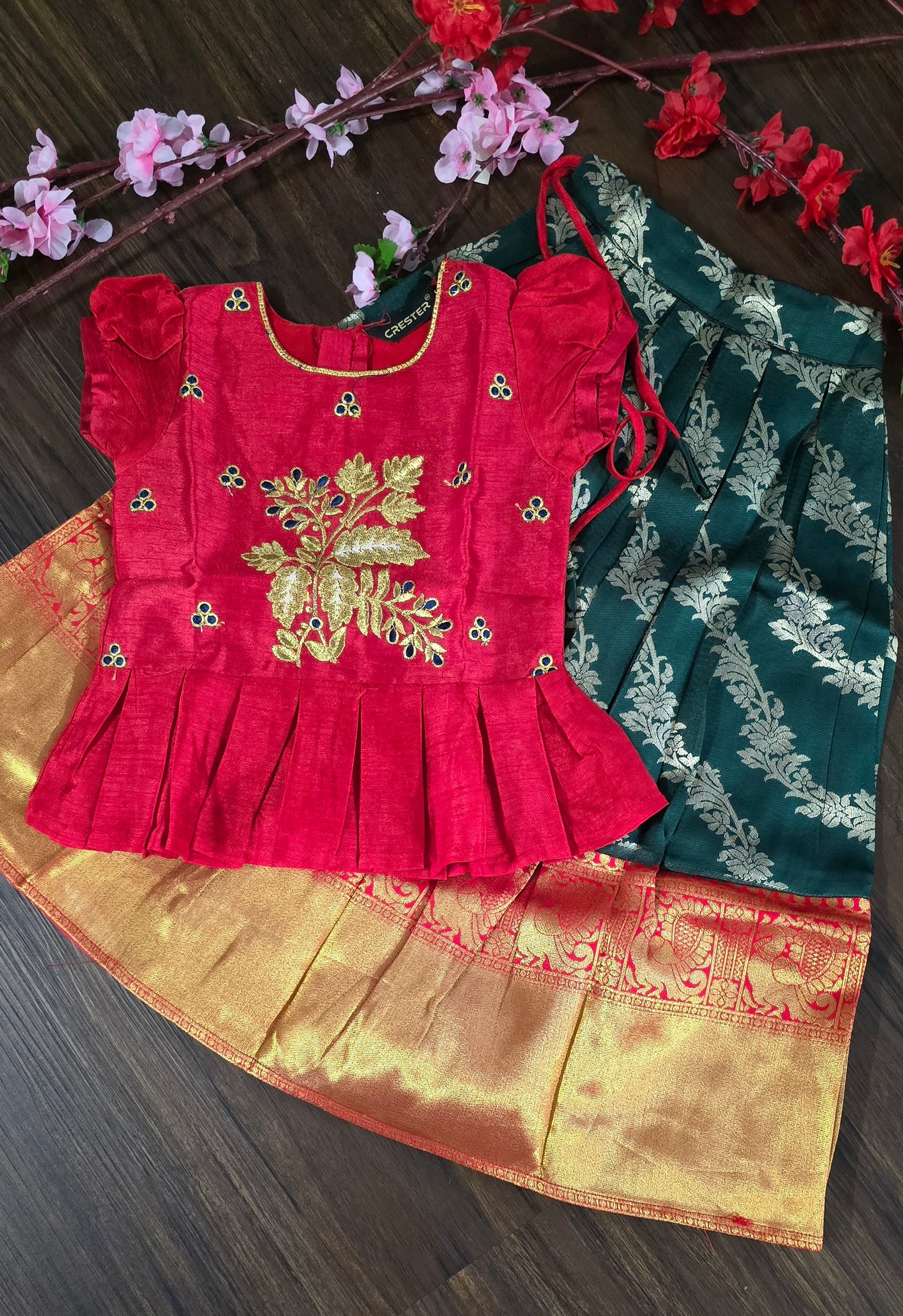 Zari woven cotton blend Pavadai set ( Ghaghra Blouse )for Baby Girl in Bottle green and red combination.