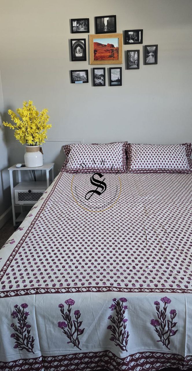Jaipur Pure Cotton Queen Size Flat sheet Set - 102 by 88 inch. White base with floral print.