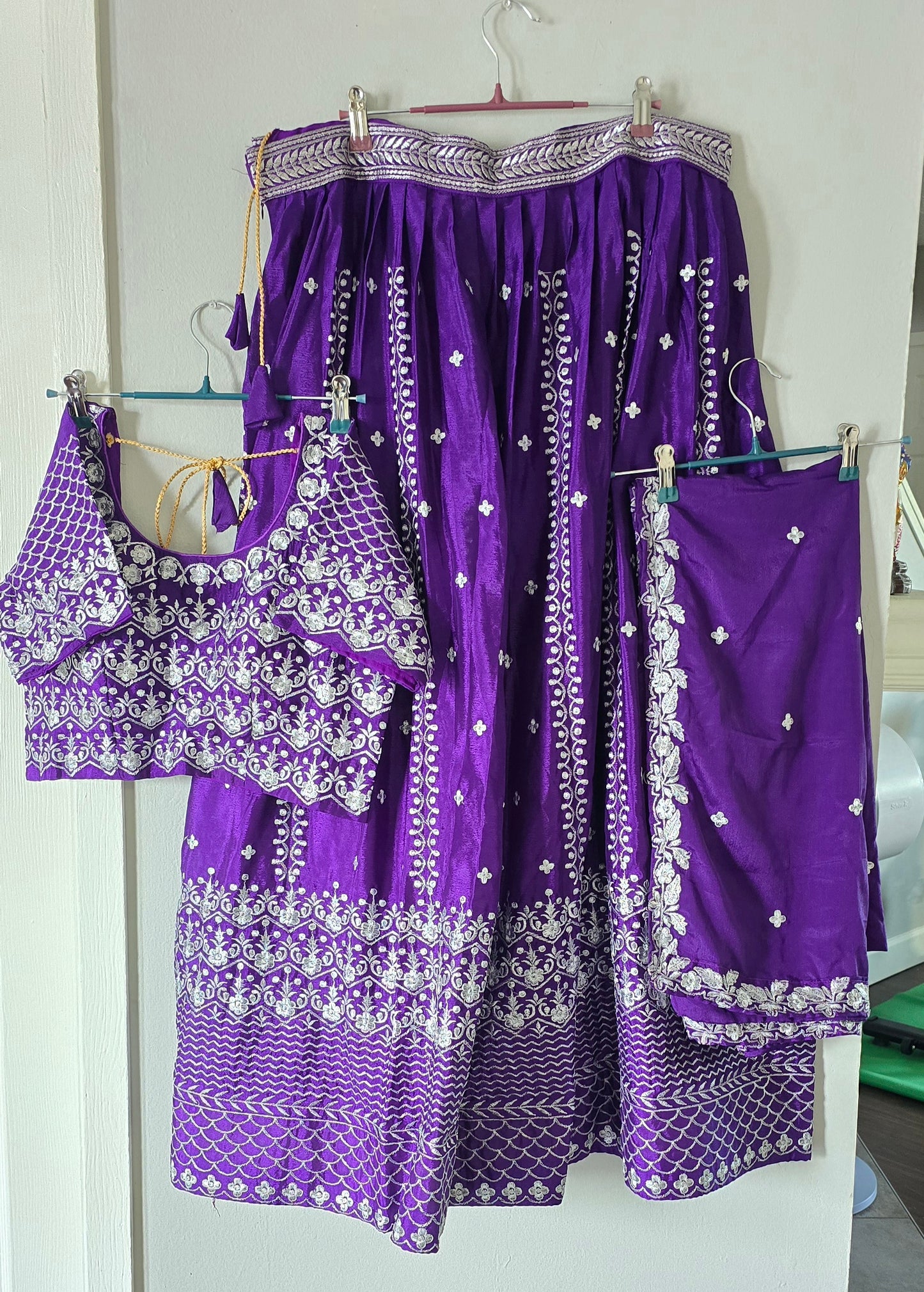 Chinon Silk Ghaghara Choli and Dupatta Set with Silver thread embroidery. Color - Blue.