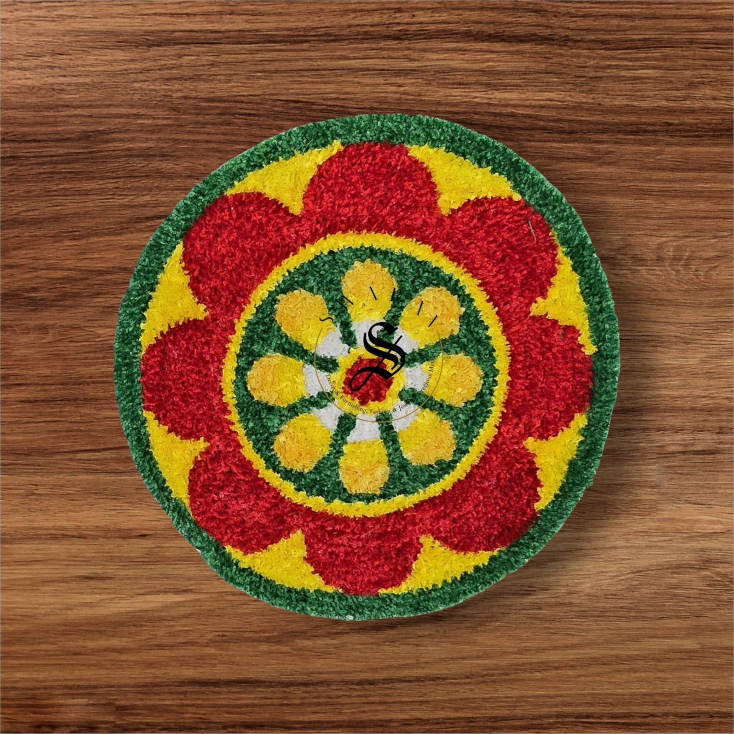( Set of 3 )Faux yarn multi color Rangoli Mats. Size - 20 inch diameter.