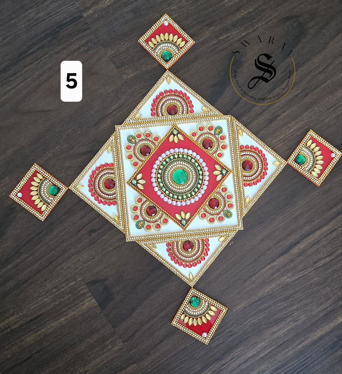 17 piece completely handmade Acrylic Rangoli set. Multi-color.