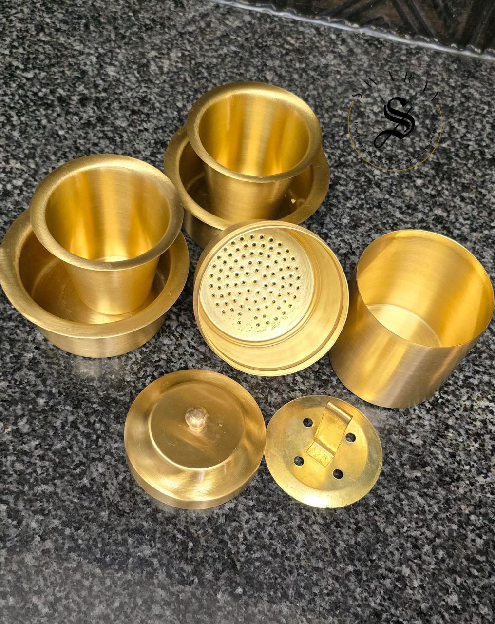 Pure Brass Set of 3, matt finish Indian Coffee filter and Dabara set. ( 2 sets of Dabara and 1 Coffee filter)