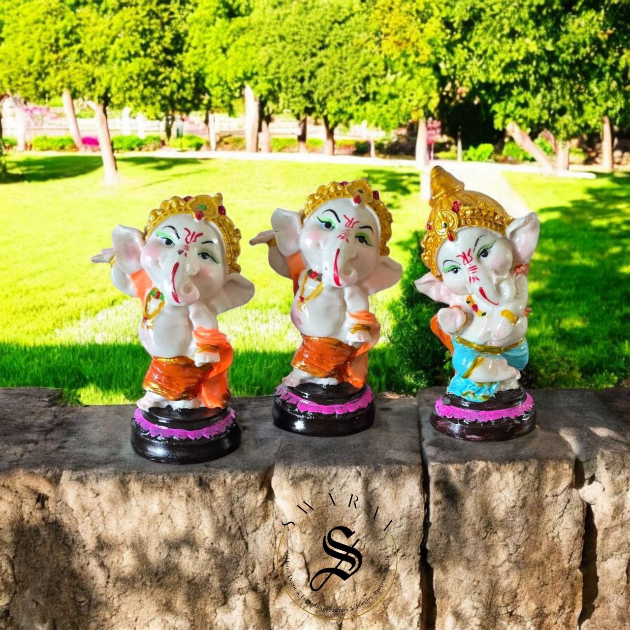 Set of 3 - CLAY made dancing baby Ganesha with marble like finish and shine. Size - 7 inch each.