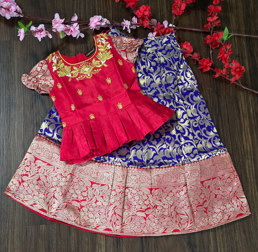 Zari woven cotton blend Pavadai set ( Ghaghra Blouse )for Baby Girl in Purple and red combination.