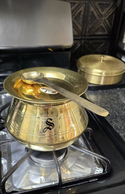 Pure Brass Pongal Vessel with Tin Coating – Set of 3 (1 Liters). Design - 2. NOT INDUCTION COMPATIBLE.