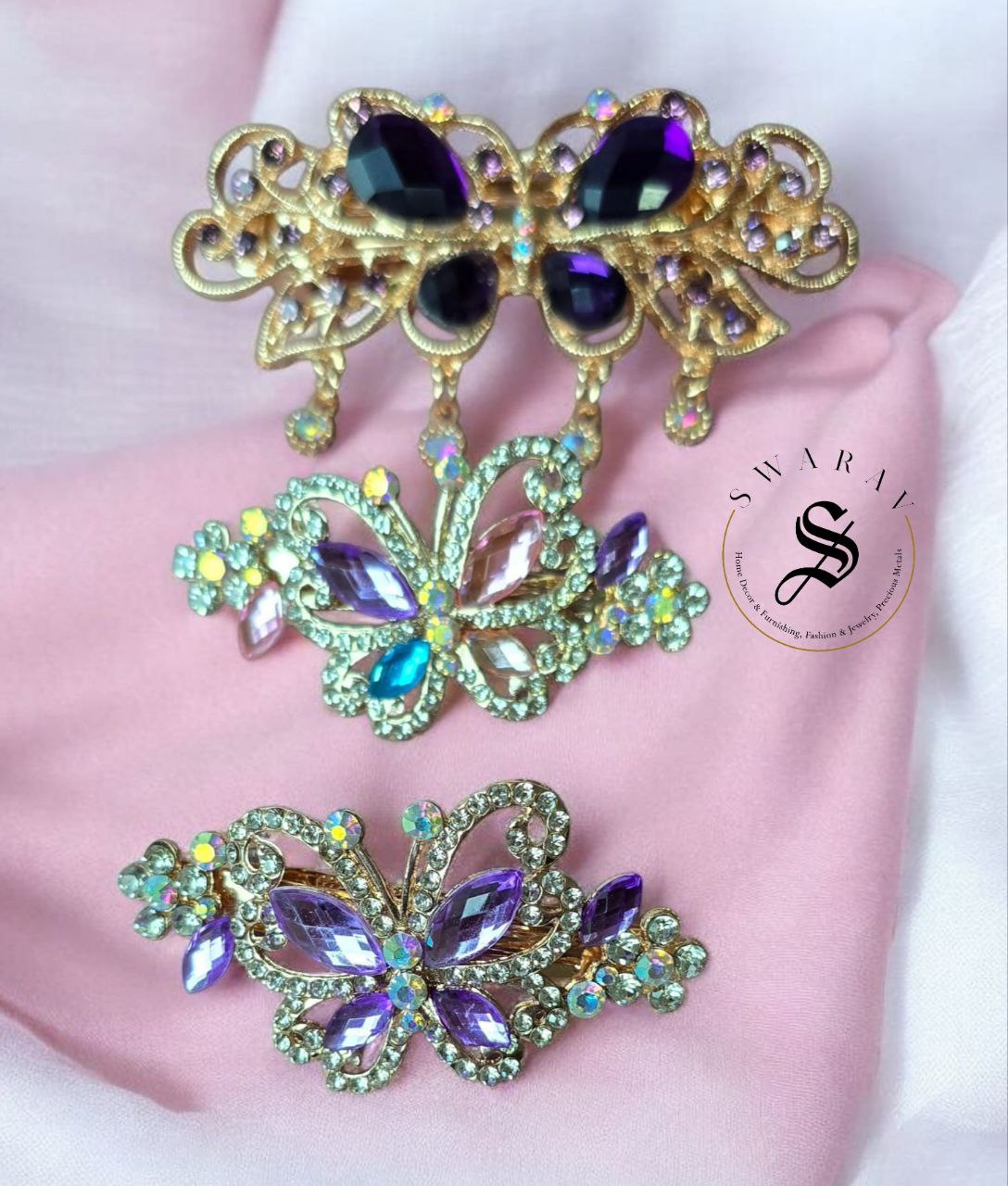 Pack of 3 floral and sparkly hair barrette clips for women with rhinestone and crystal.