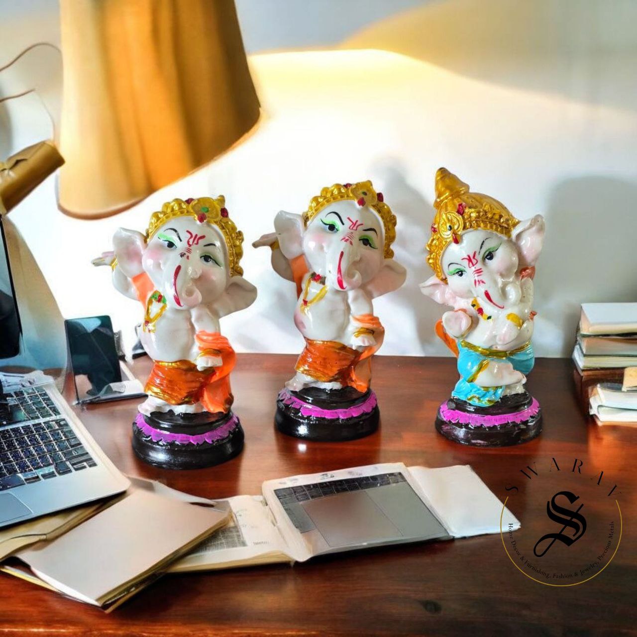 Set of 3 - CLAY made dancing baby Ganesha with marble like finish and shine. Size - 7 inch each.