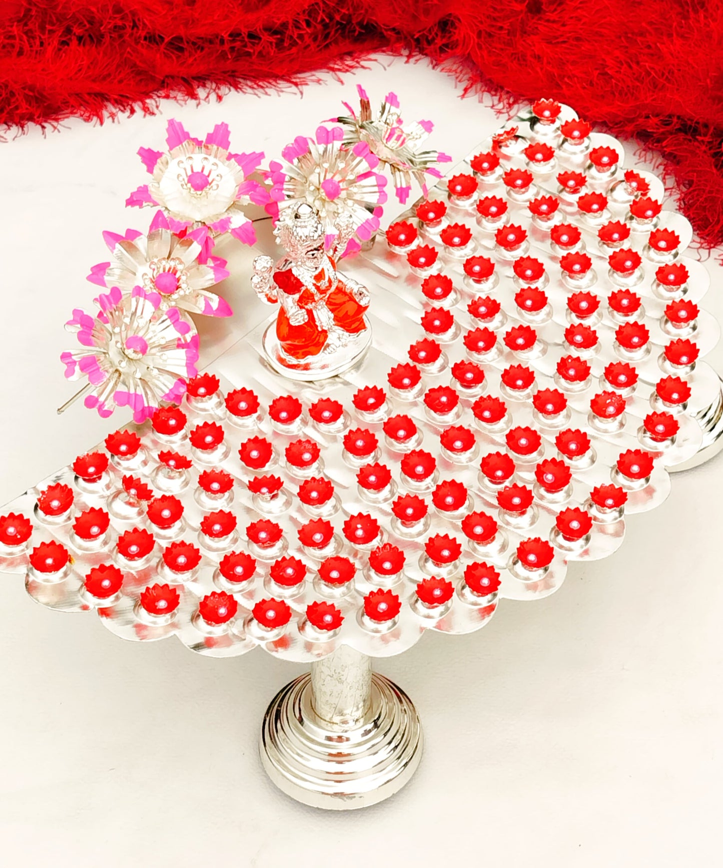 German silver Lakshmi Astottara pooja stand with 108 flowers + 5 big flowers + 1 Lakshmi Idol.