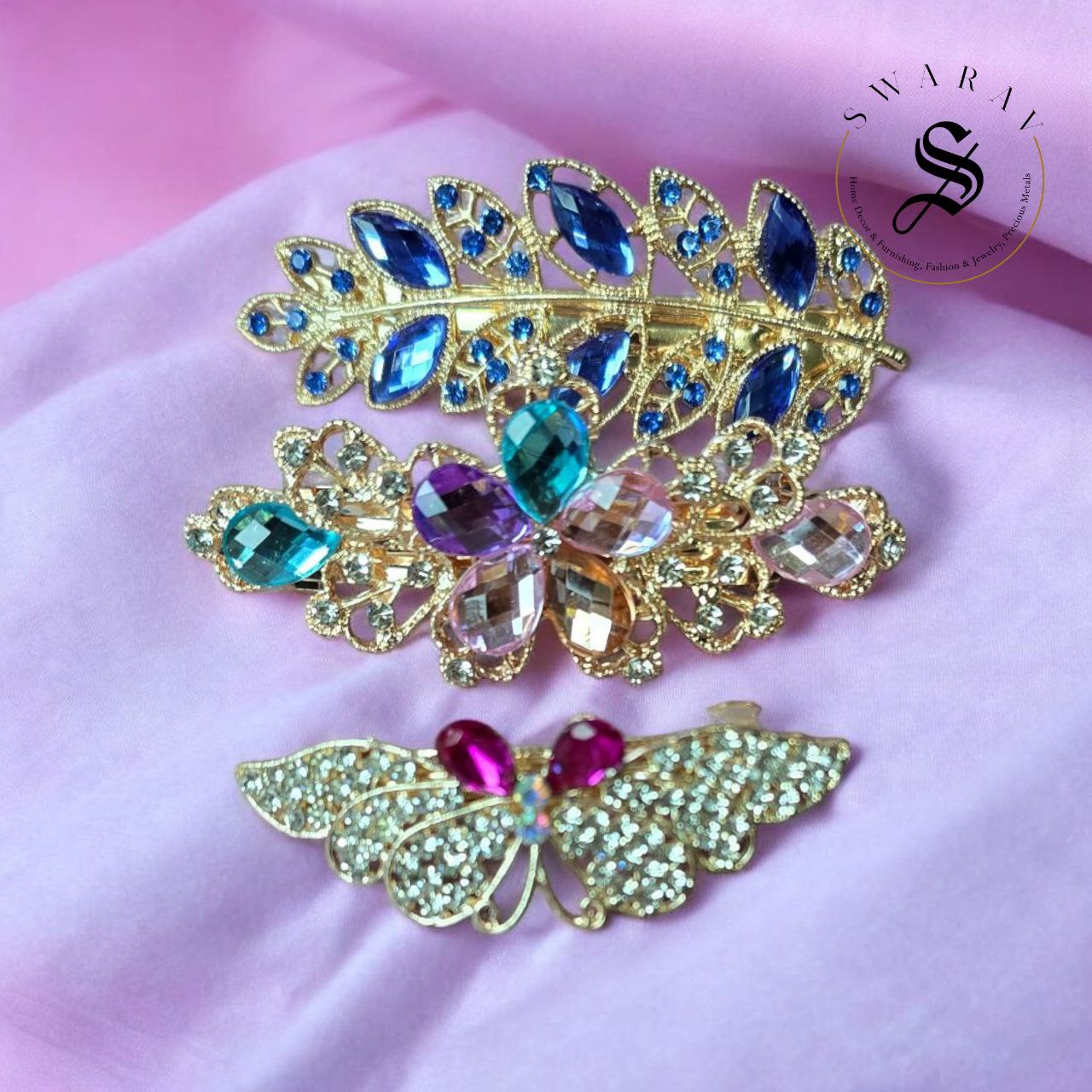 Pack of 3 floral and sparkly hair barrette clips for women with rhinestone and crystal.