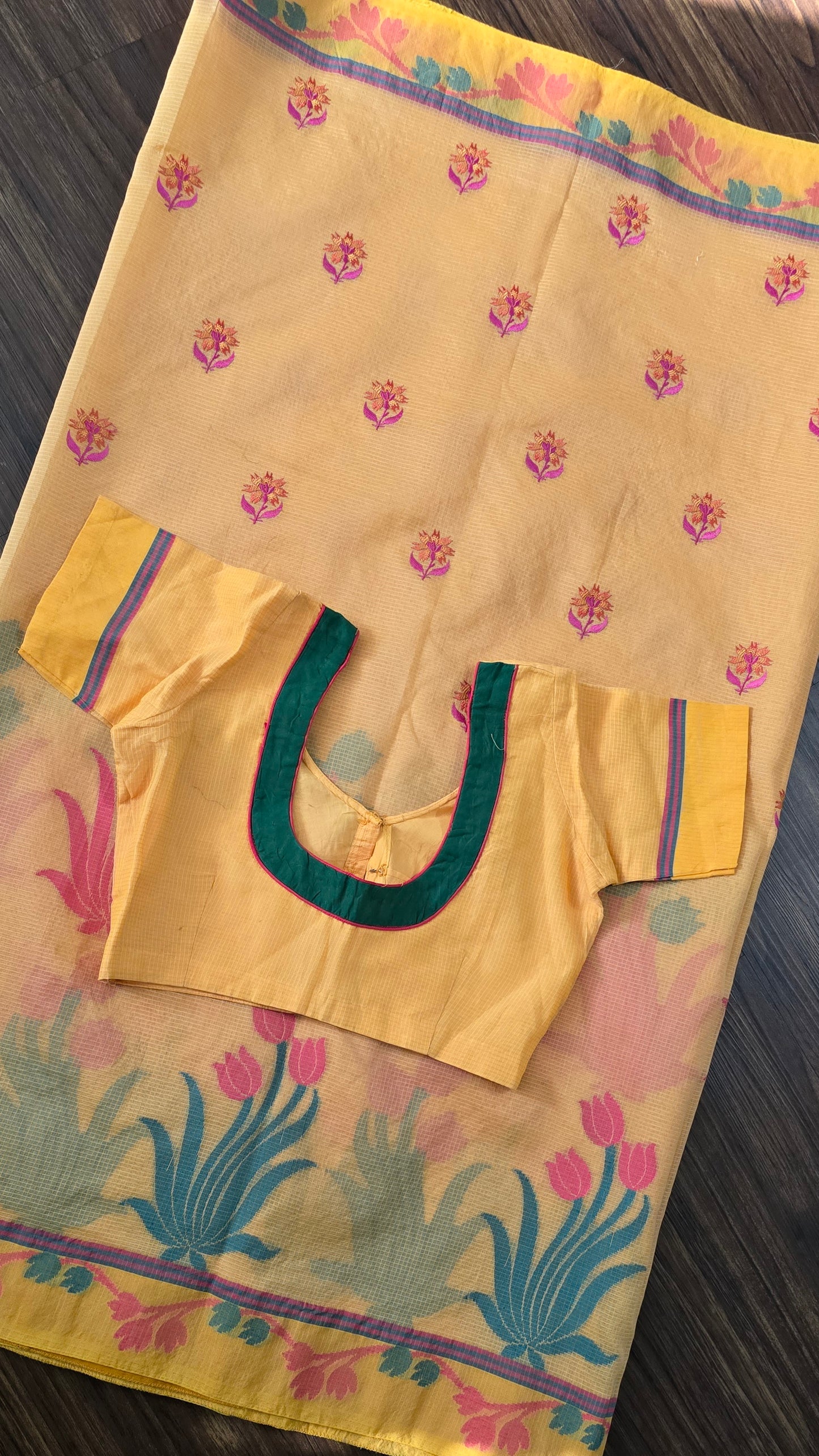 Kota cotton floral print and embroidery buta saree with stitched blouse.