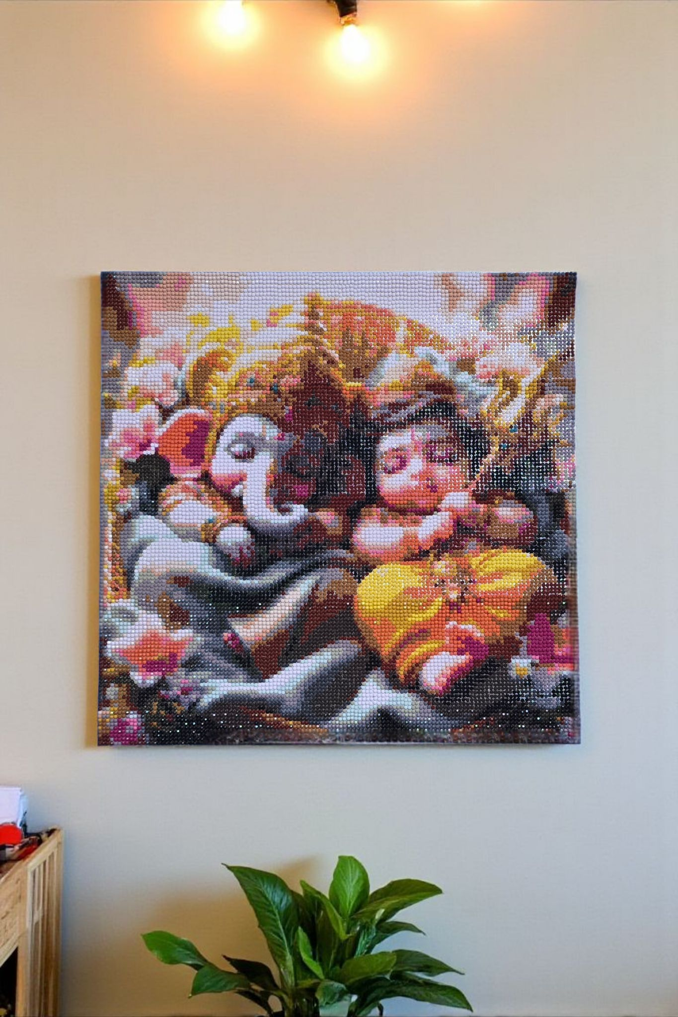 Handmade Framed crystal Beads Baby Ganesha and Krishna painting. Size 16 by 16 inch.