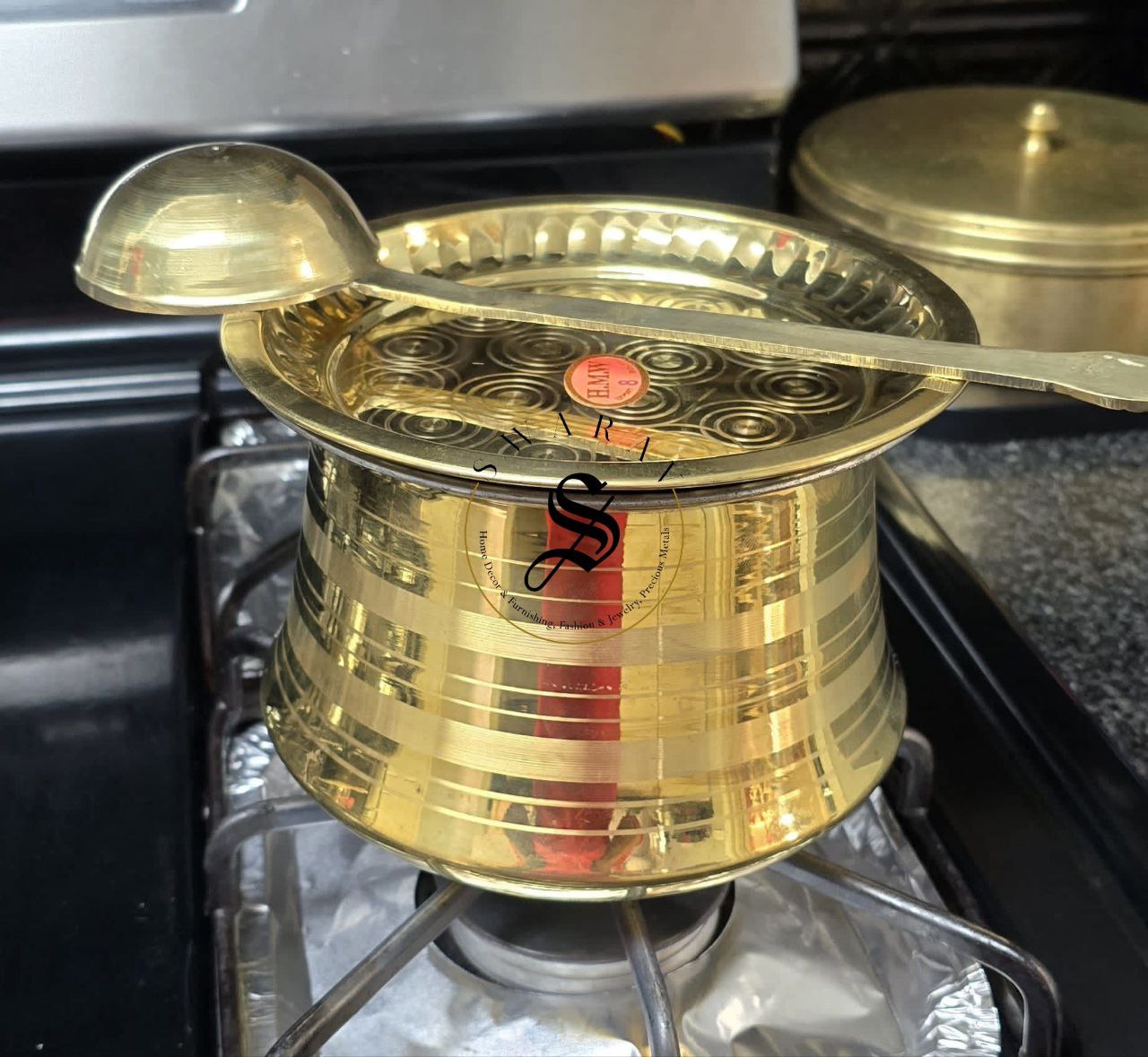 Pure Brass vessel with FREE lid and ladle. Set of 3. Size - Big. Capacity - 2 liter. NOT INDUCTION COMPATIBLE.
