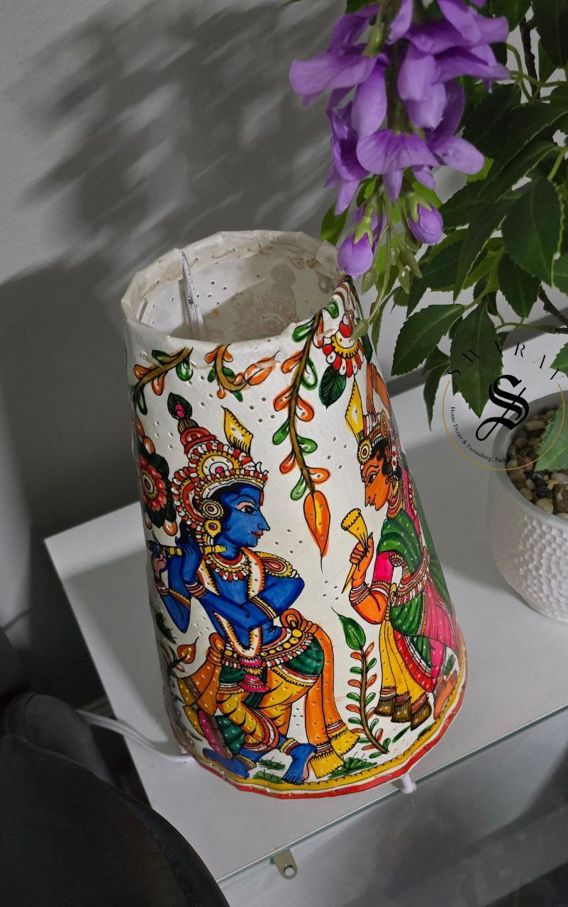 Multi color Hand-made leather lamp shade with hand painted theme of Radha- Krishna. Size - 12 inch.