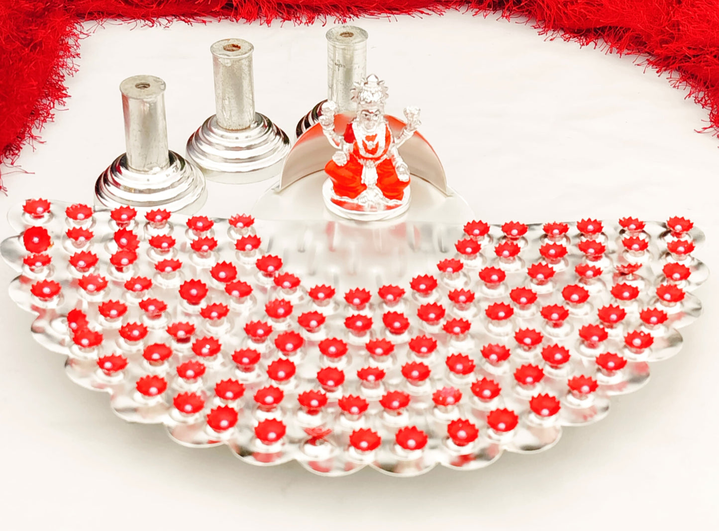 German silver Lakshmi Astottara pooja stand with 108 flowers + 5 big flowers + 1 Lakshmi Idol.