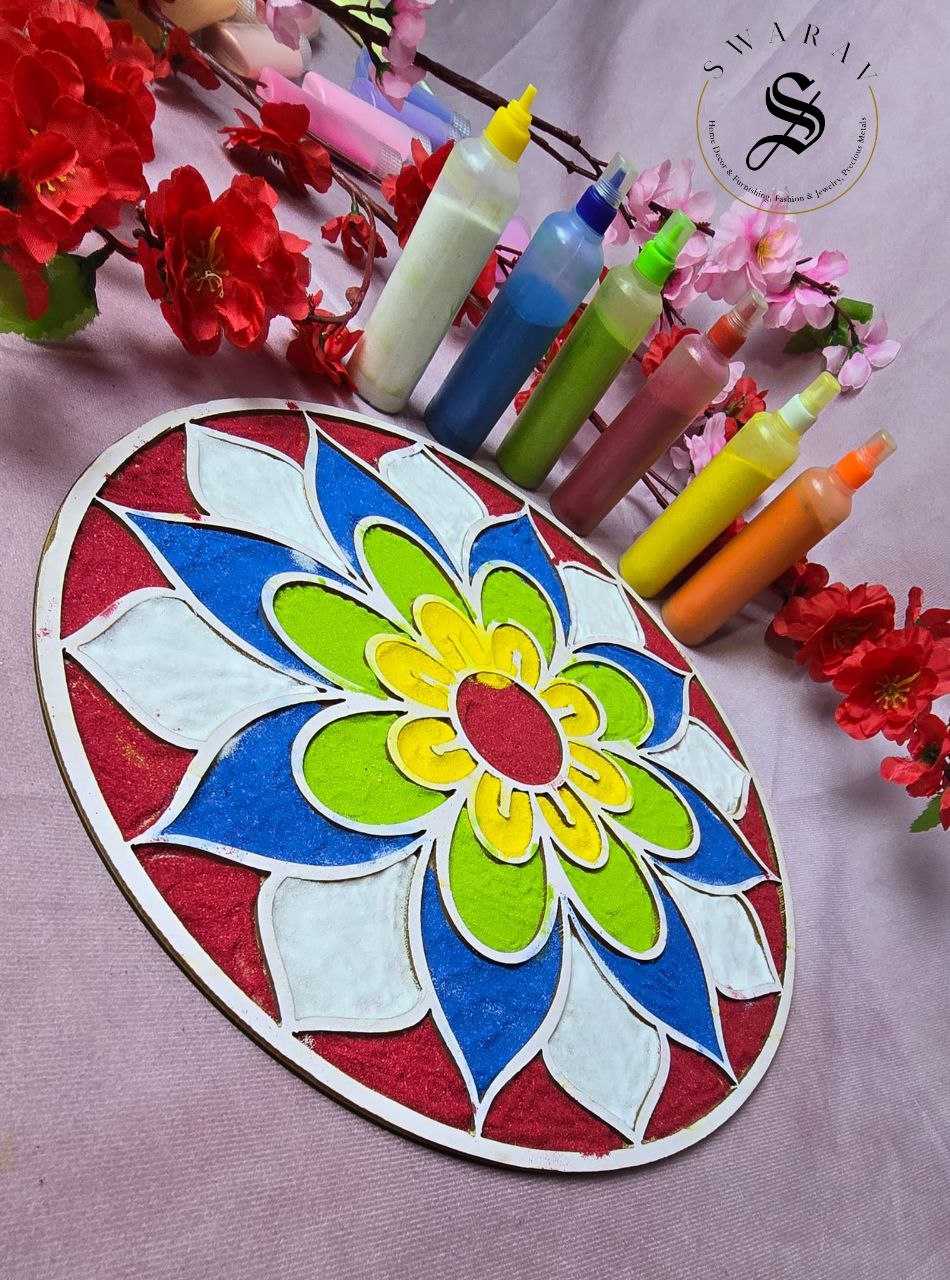 Pack of 3 - MDF rangoli frames with one set of 6 FREE colors. Size- 12 inch each.