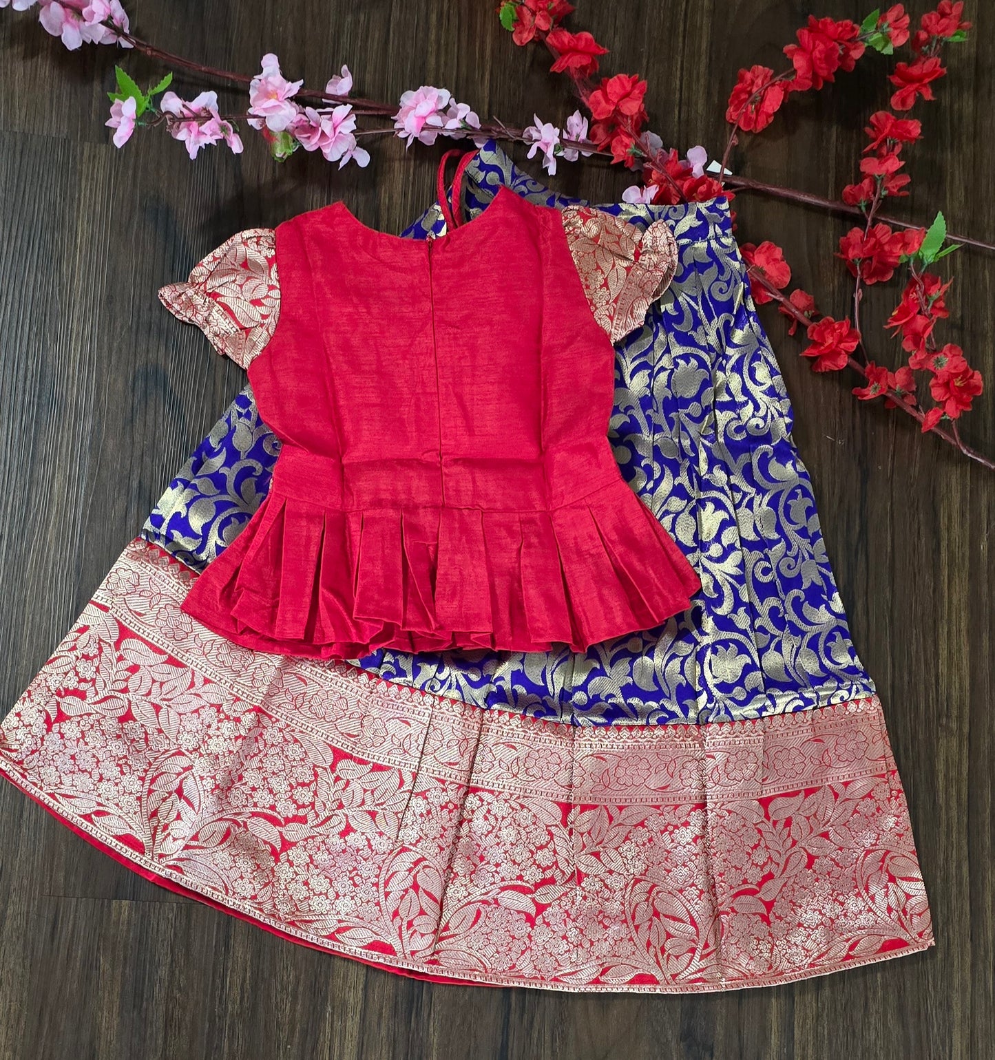 Zari woven cotton blend Pavadai set ( Ghaghra Blouse )for Baby Girl in Purple and red combination.