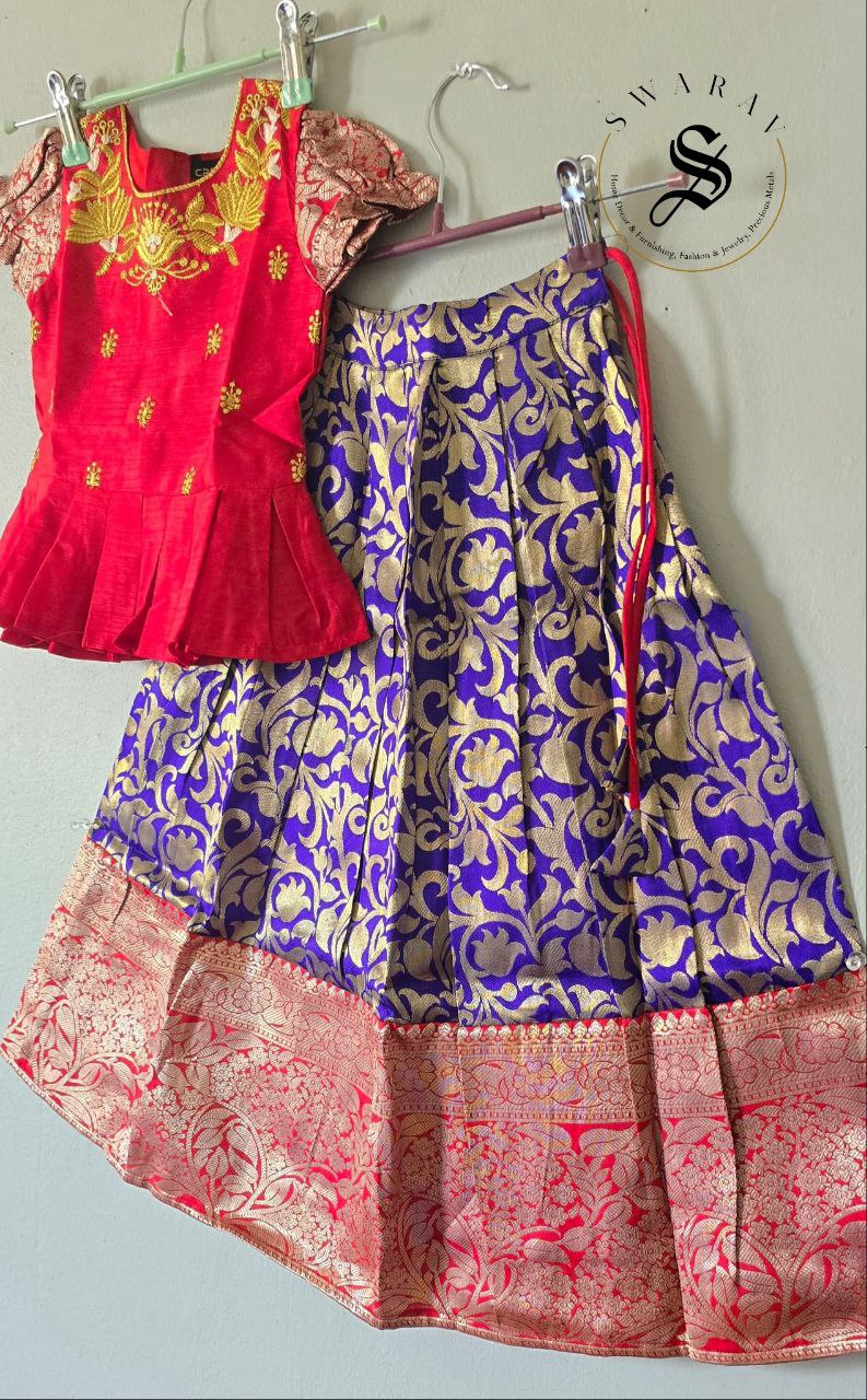 Zari woven cotton blend Pavadai set ( Ghaghra Blouse )for Baby Girl in Purple and red combination.