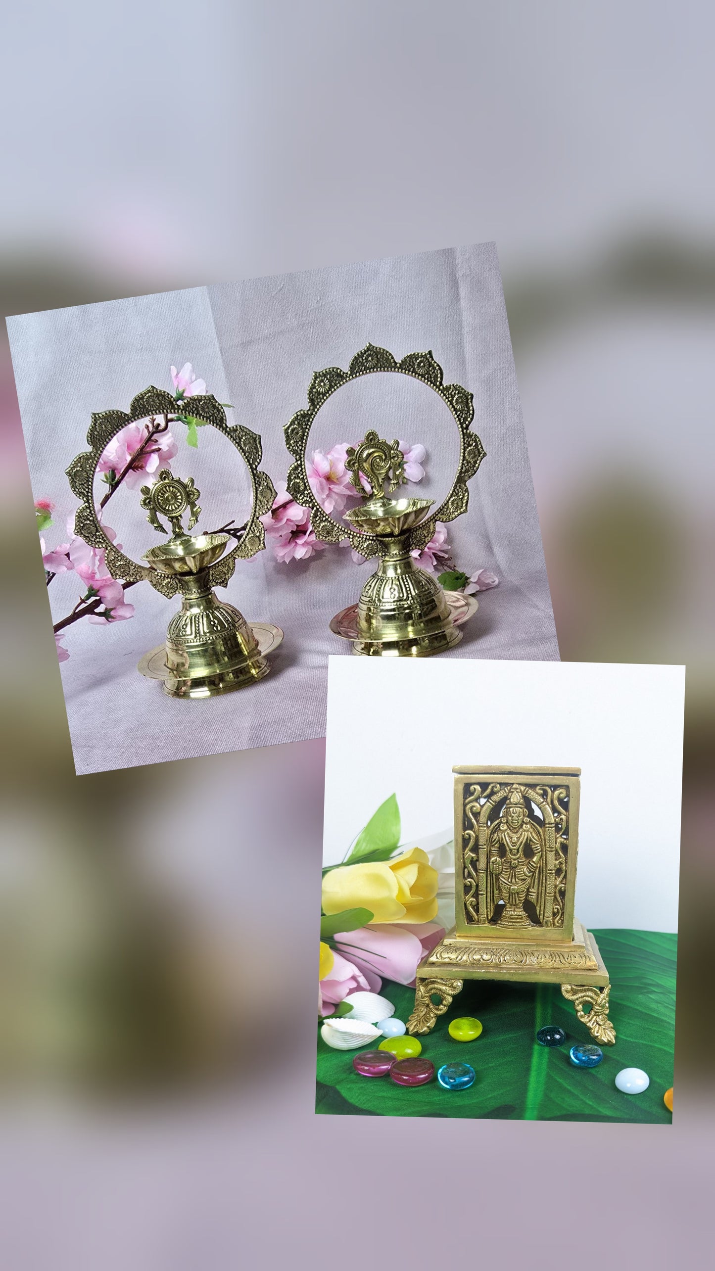 Pure Brass Sankhu Chakra Namam BUNDLE pack of oil Lamp and Dhoopdaan.