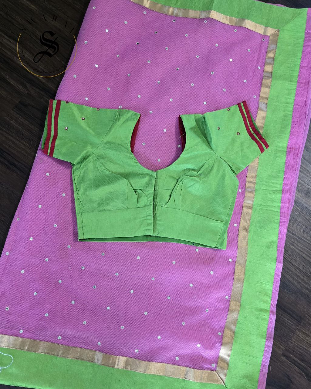 Kota mix cotton small mirror work saree with contrast stiched work blouse.