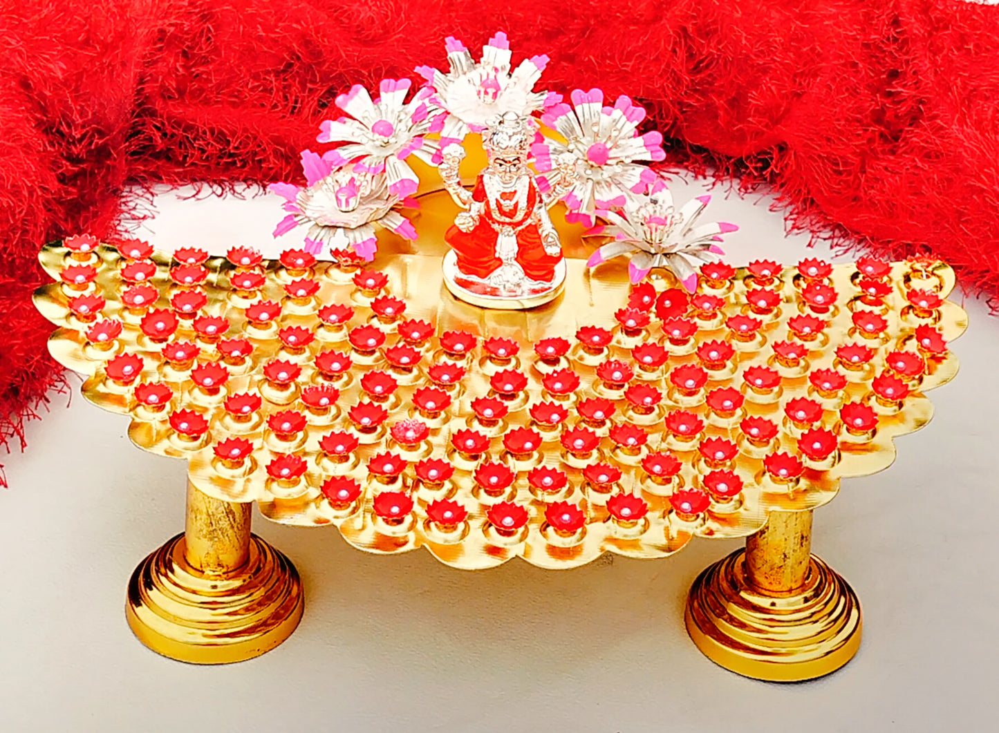 German silver - GOLD plated, Lakshmi Astottara pooja stand with 108 flowers + 5 big flowers + 1 Lakshmi Idol.