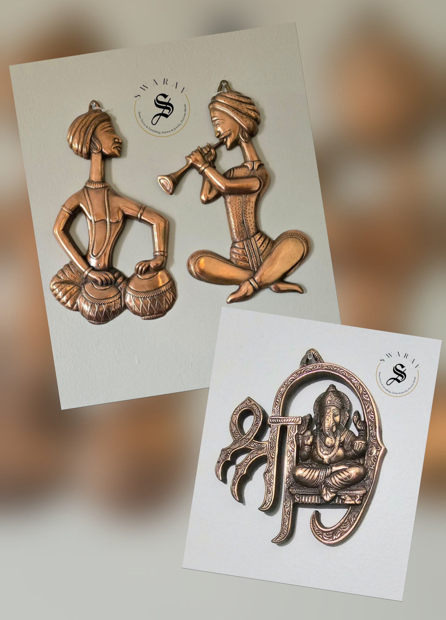 Cultural Harmony Wall Art Bundle – Black Metal with copper finish Musical Duo & Lord Ganesha “Shree” Décor BUNDLE.