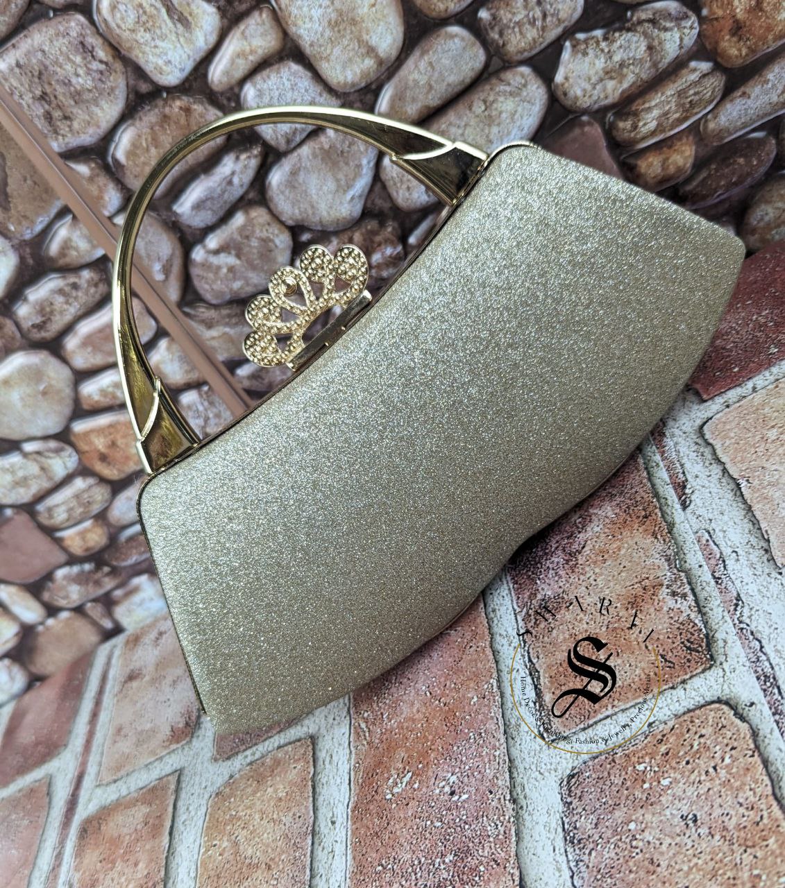 Boat Clutch with series of Crystal stones on front - Gold.