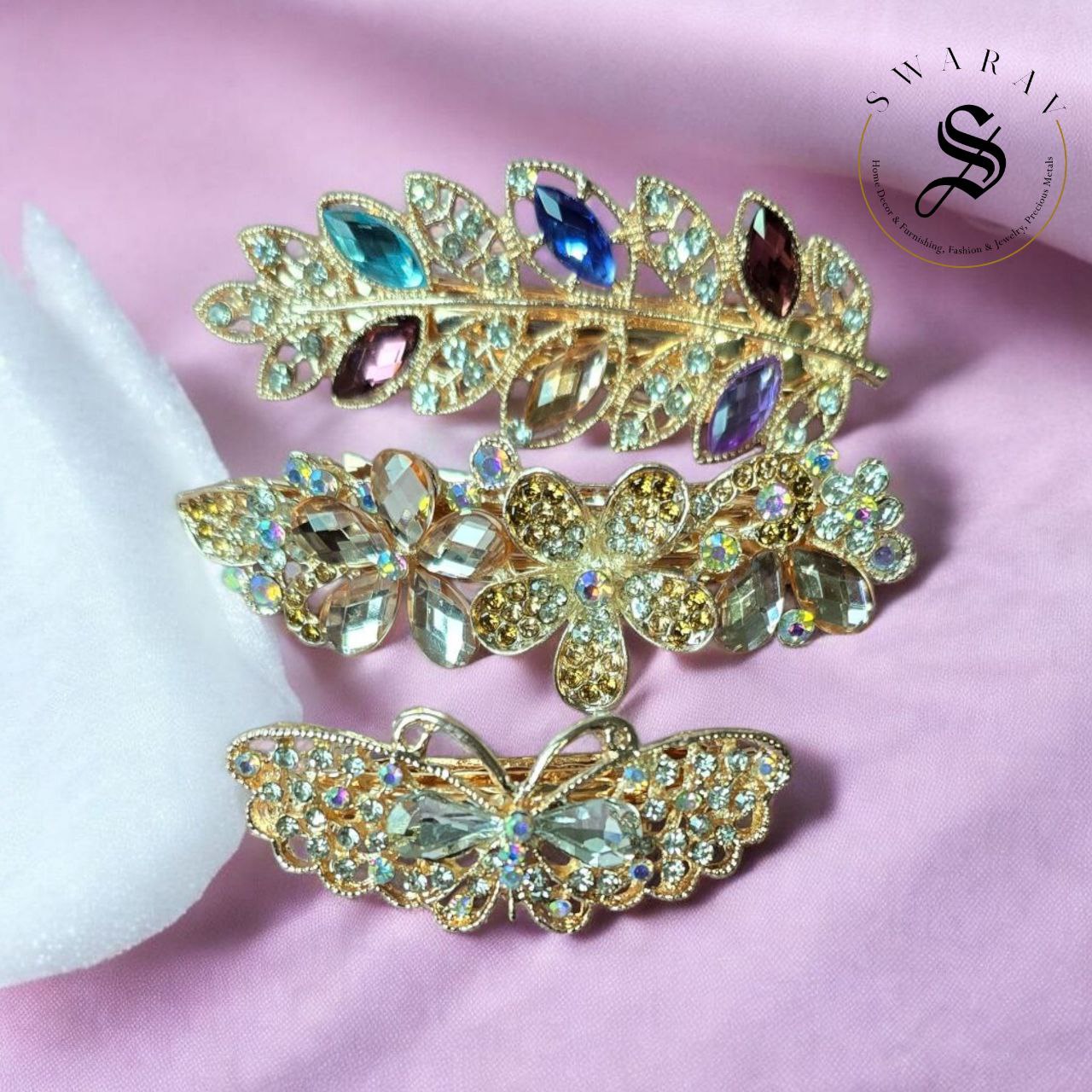Pack of 3 floral and sparkly hair barrette clips for women with rhinestone and crystal.