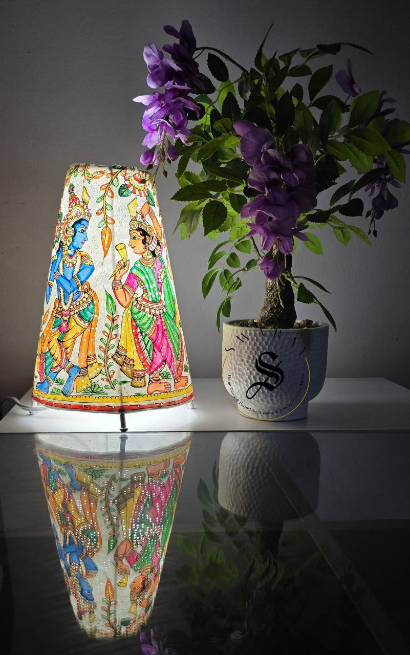 Multi color Hand-made leather lamp shade with hand painted theme of Radha- Krishna. Size - 12 inch.