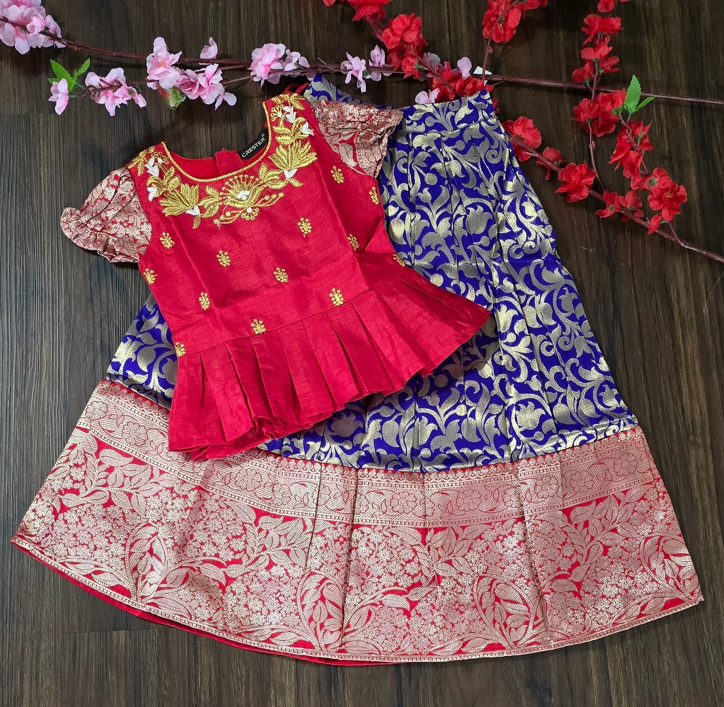 Zari woven cotton blend Pavadai set ( Ghaghra Blouse )for Baby Girl in Purple and red combination.