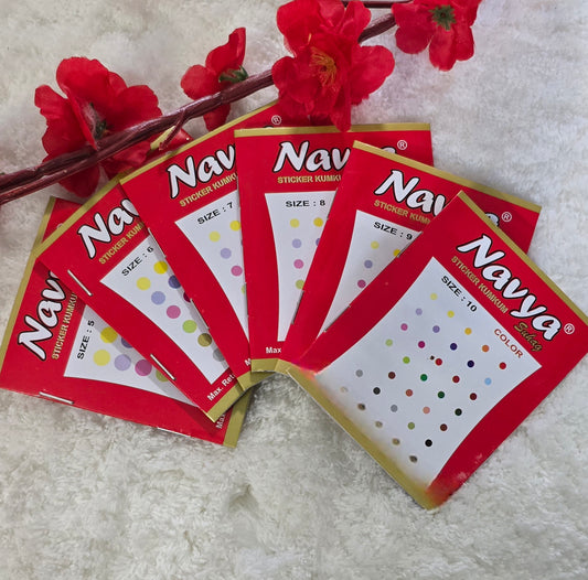 Pack of 6 - Assorted size Navya multi-colored wallet size bindi pack.