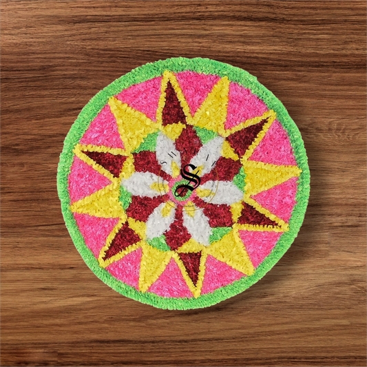 Faux yarn multi color Rangoli mat. Code - D3.  Size- 20 inch diameter.