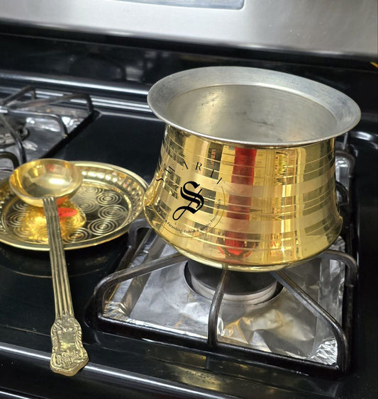 Pure Brass vessel with FREE lid and ladle. Set of 3. Size - Small. Capacity - 1.25 liter capacity. NOT INDUCTION COMPATIBLE.