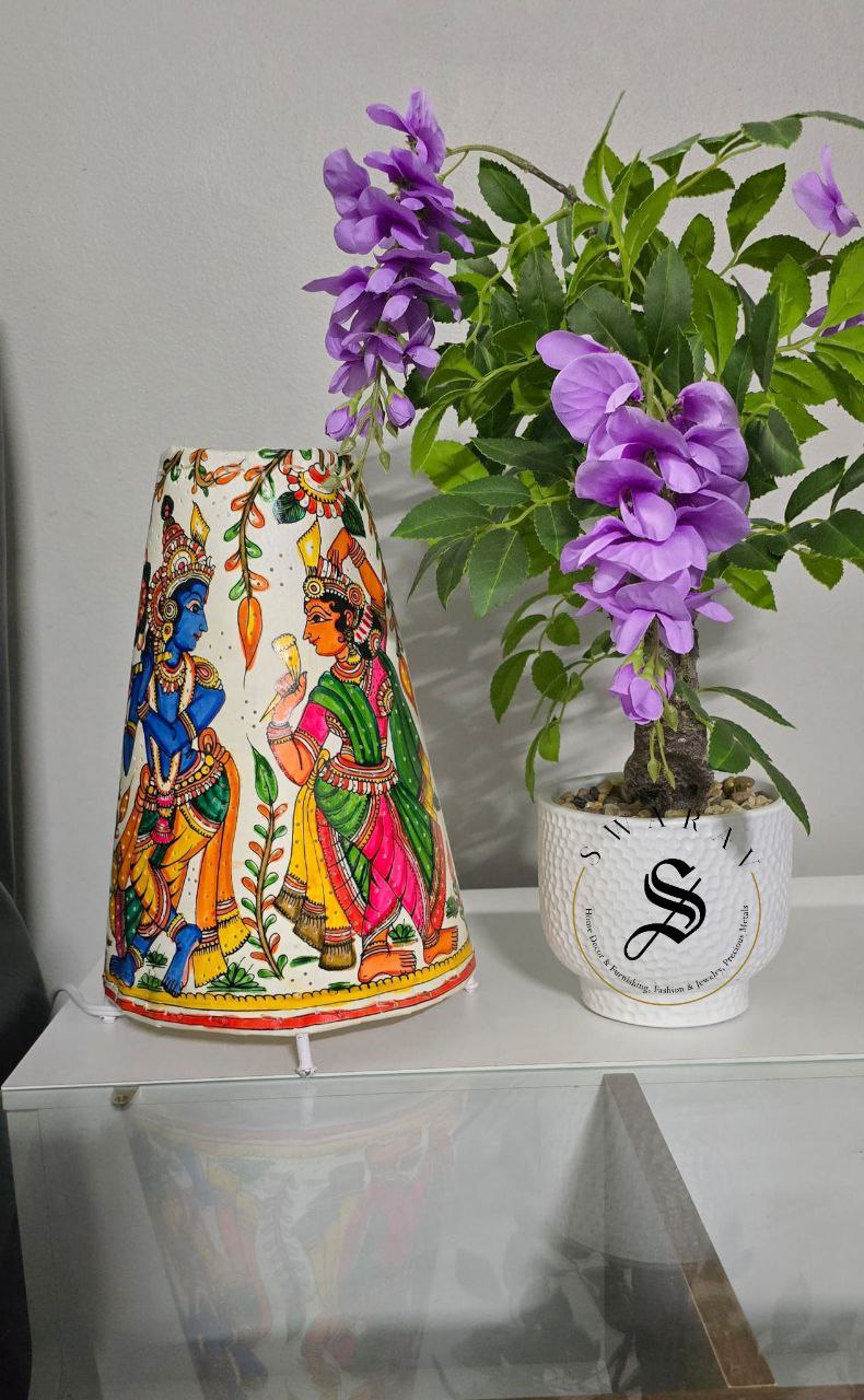 Multi color Hand-made leather lamp shade with hand painted theme of Radha- Krishna. Size - 12 inch.