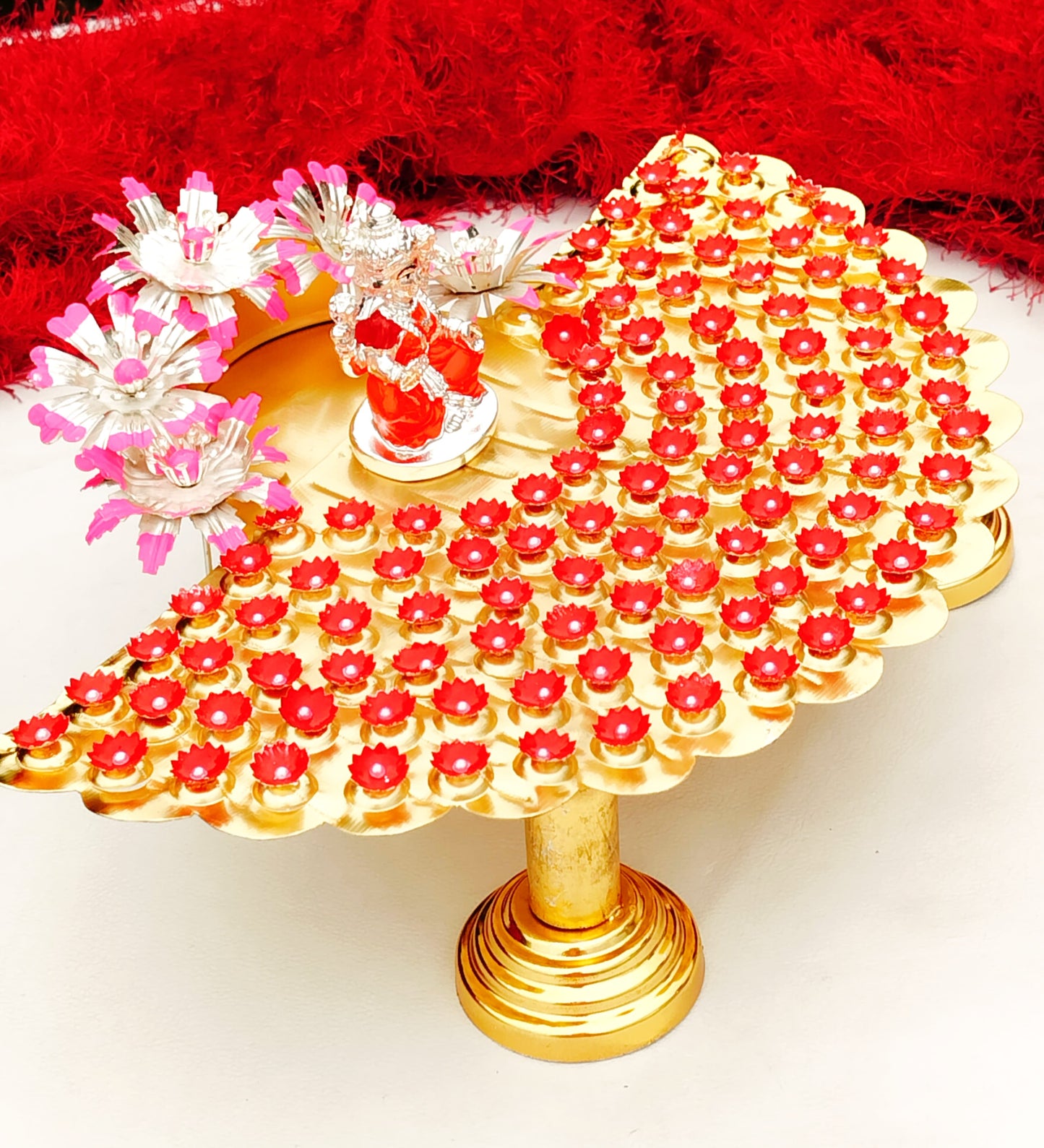 German silver - GOLD plated, Lakshmi Astottara pooja stand with 108 flowers + 5 big flowers + 1 Lakshmi Idol.