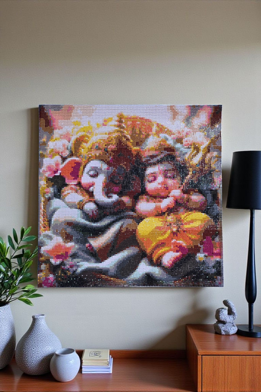 Handmade Framed crystal Beads Baby Ganesha and Krishna painting. Size 16 by 16 inch.