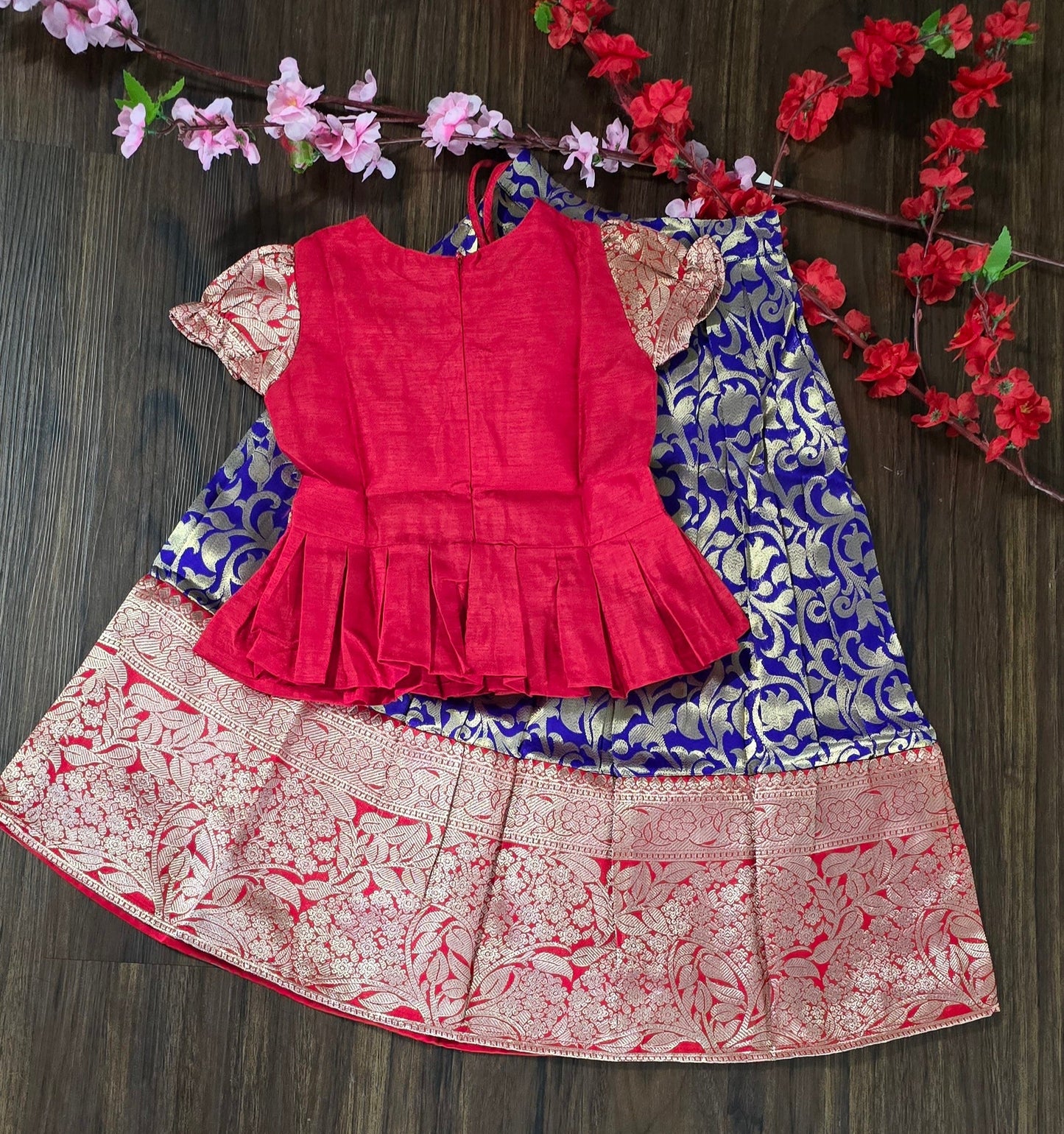 Zari woven cotton blend Pavadai set ( Ghaghra Blouse )for Baby Girl in Purple and red combination.