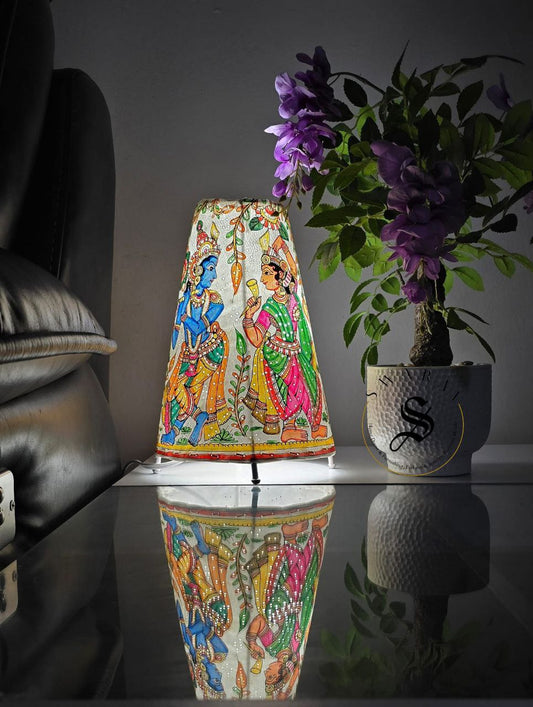 Multi color Hand-made leather lamp shade with hand painted theme of Radha- Krishna. Size - 12 inch.