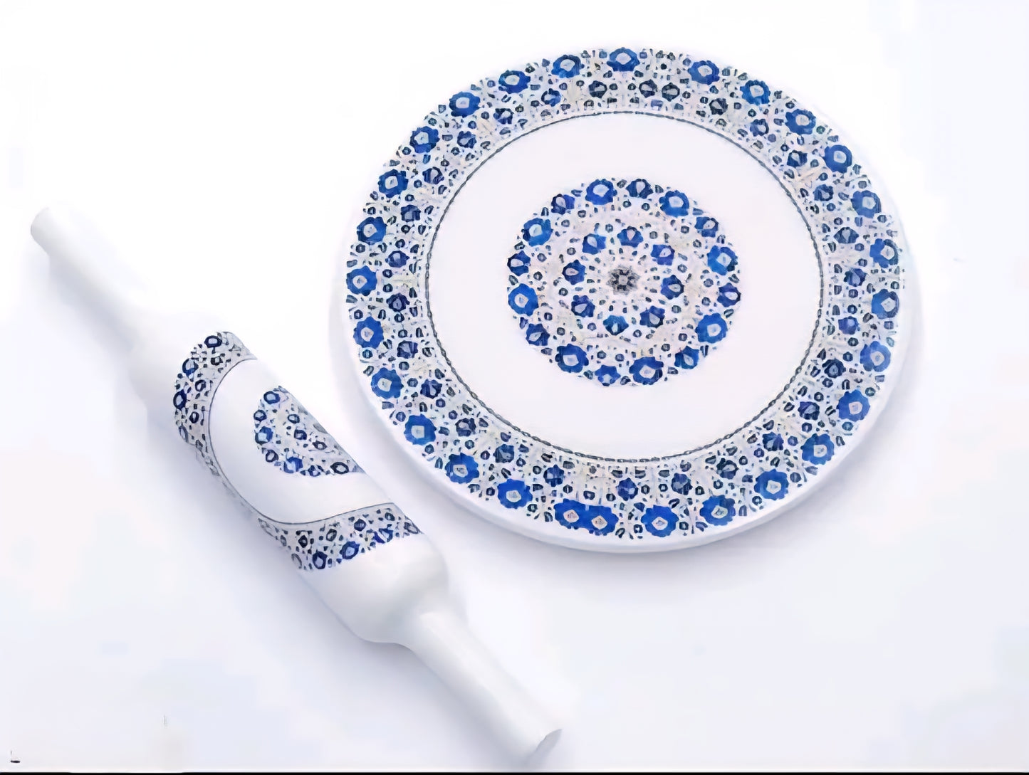 10 inch Marble Chakla Belan - with blue and white floral print.