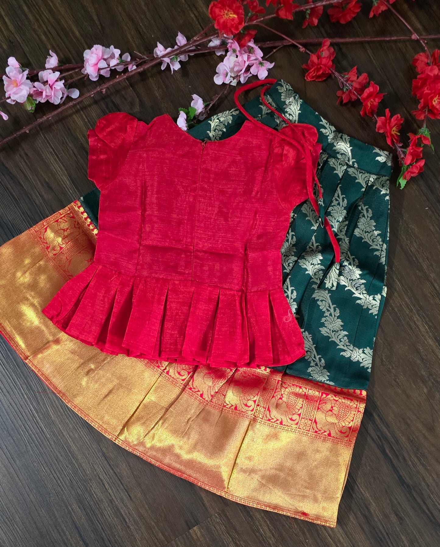 Zari woven cotton blend Pavadai set ( Ghaghra Blouse )for Baby Girl in Bottle green and red combination.