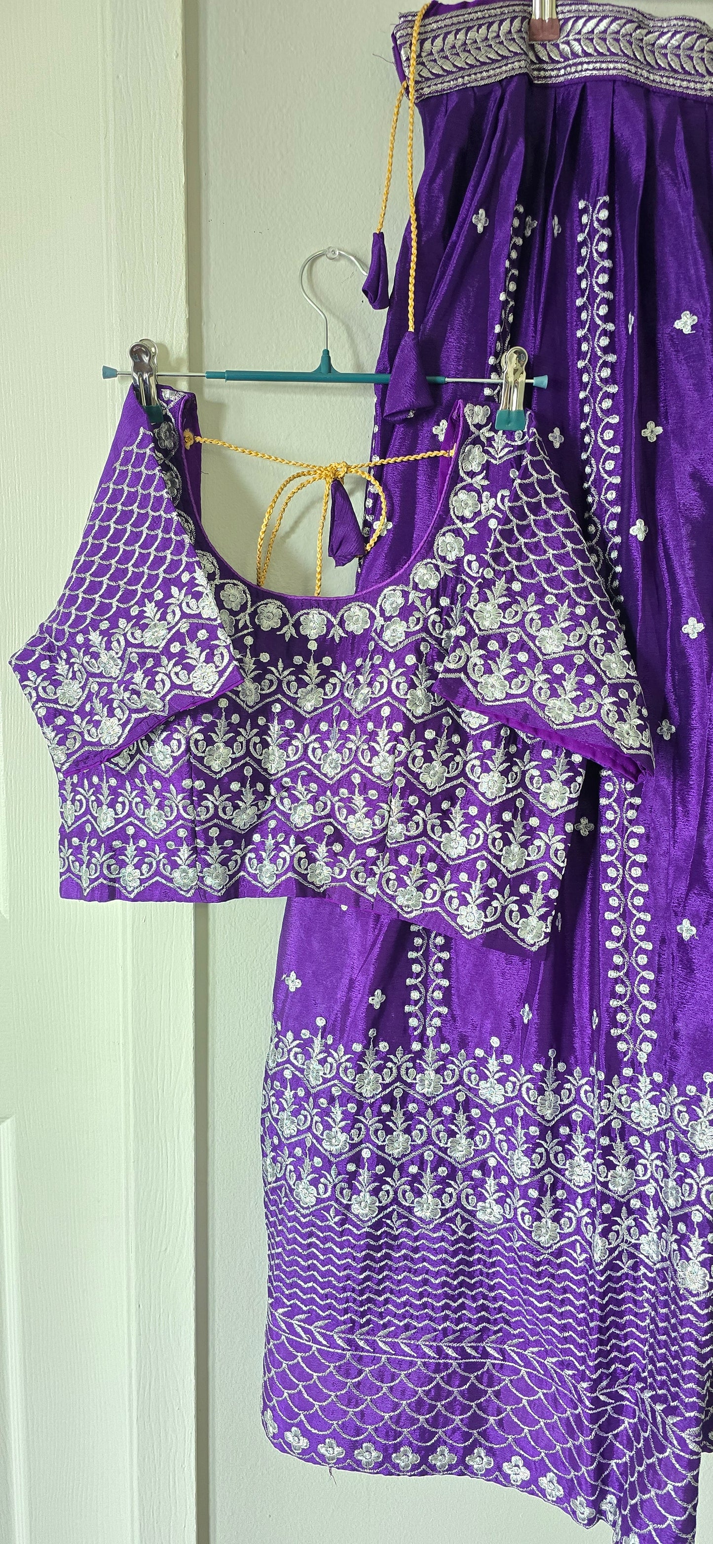 Chinon Silk Ghaghara Choli and Dupatta Set with Silver thread embroidery. Color - Blue.