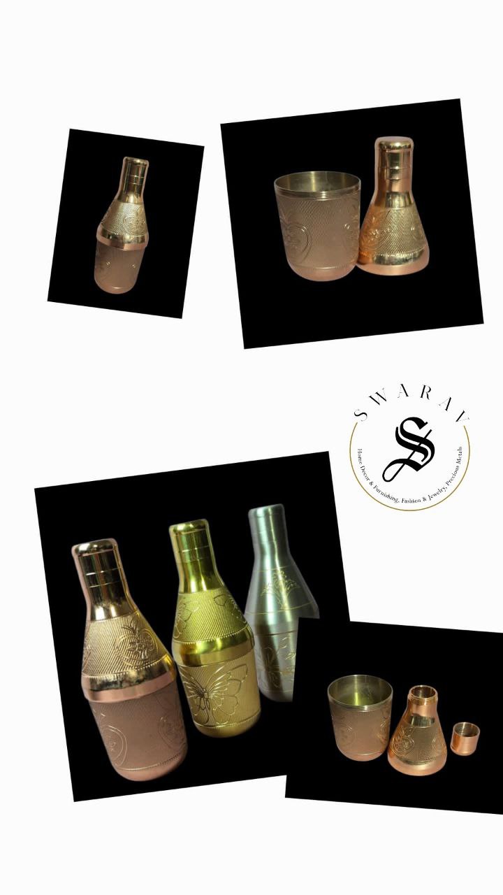 Pure Brass designer multi utility Mini bottles with beautiful engraving. (Set of 3 )Size : 6 inch