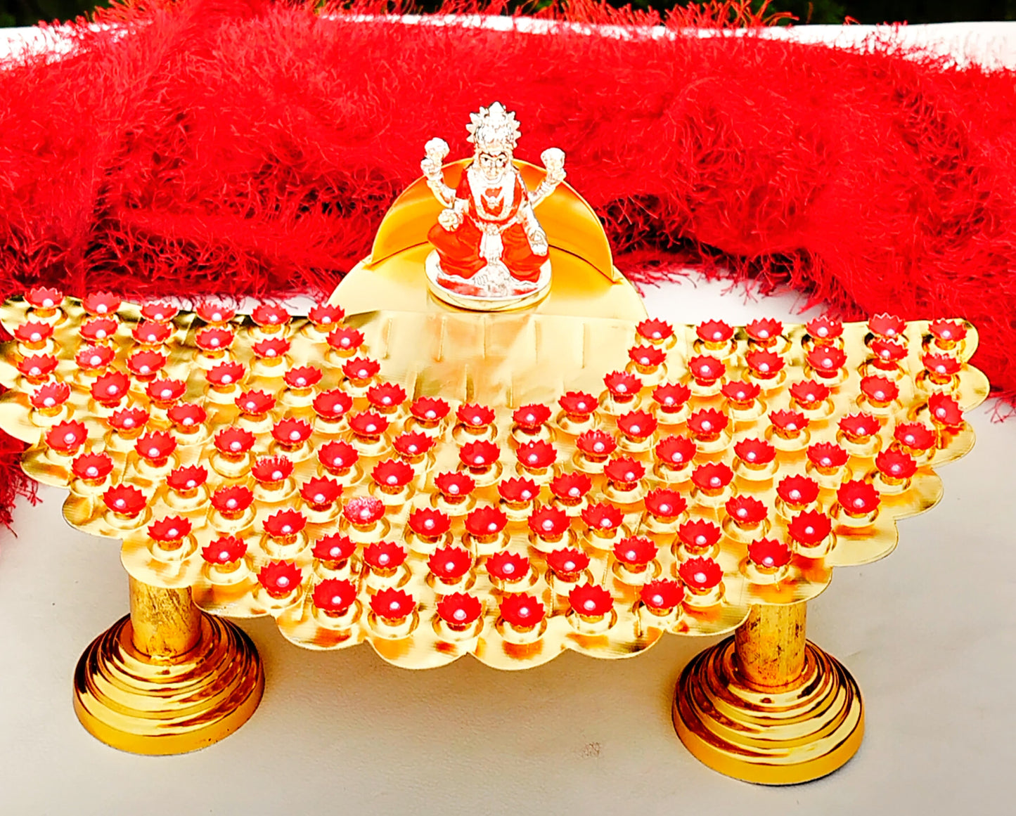 German silver - GOLD plated, Lakshmi Astottara pooja stand with 108 flowers + 5 big flowers + 1 Lakshmi Idol.