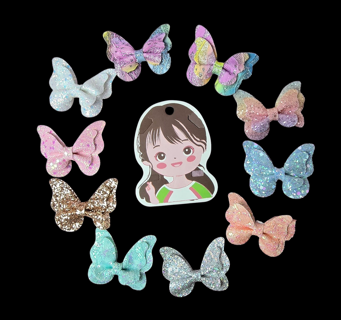 Pack of 10 butterfly glitter foam fabric hair pins for baby girl.