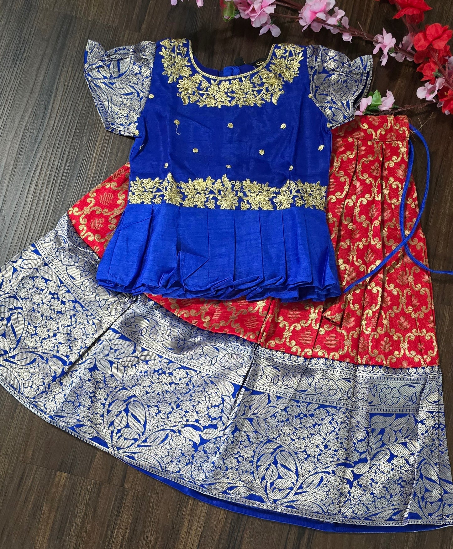 Zari woven cotton blend Pavadai set ( Ghaghra Blouse )for Baby Girl in Red and Royal blue combination.