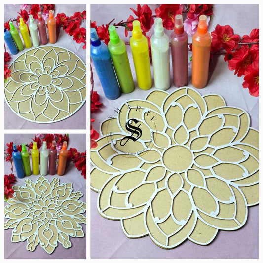 Pack of 3 - MDF rangoli frames with one set of 6 FREE colors. Size- 12 inch each.
