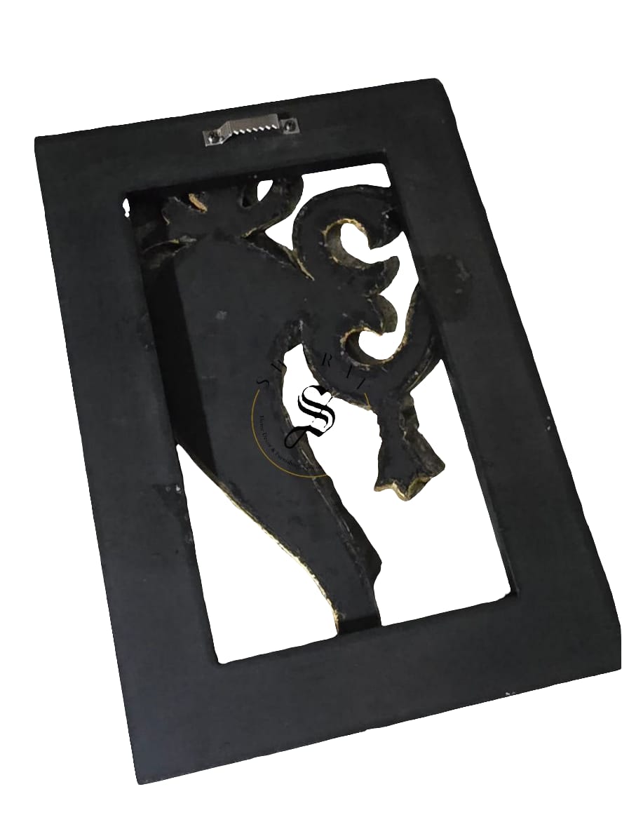 Brass sheet cladding on wood carved Om ganesha figurines. Size 18 by 12 inch. Framed for wall mounting.