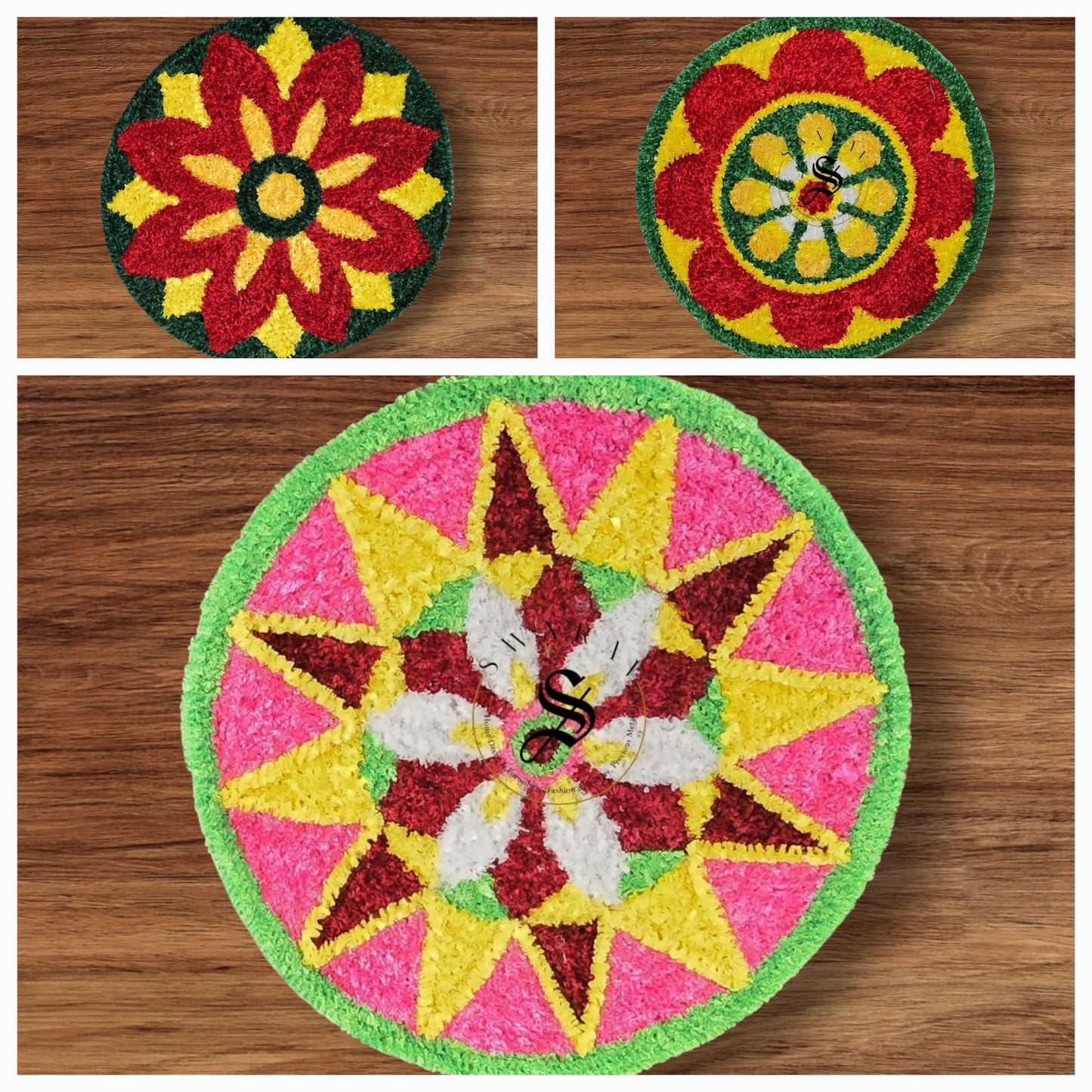 ( Set of 3 )Faux yarn multi color Rangoli Mats. Size - 20 inch diameter.