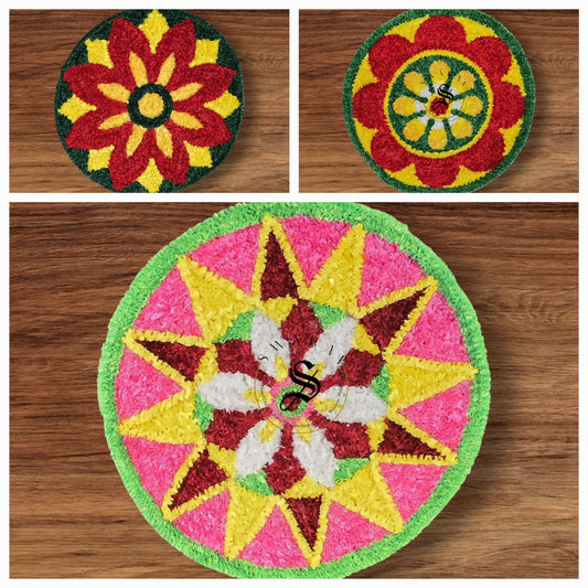 ( Set of 3 )Faux yarn multi color Rangoli Mats. Size - 20 inch diameter.